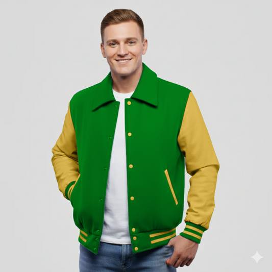 Kelly Green Wool & Bright Gold Leather Jacket
