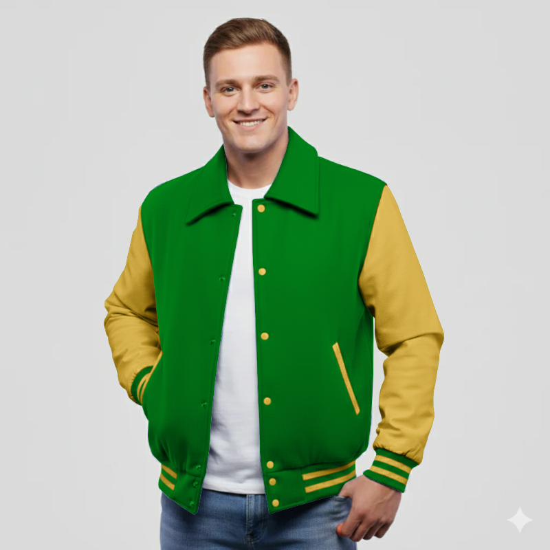 Hunter Green Wool & Bright Gold Leather Jacket
