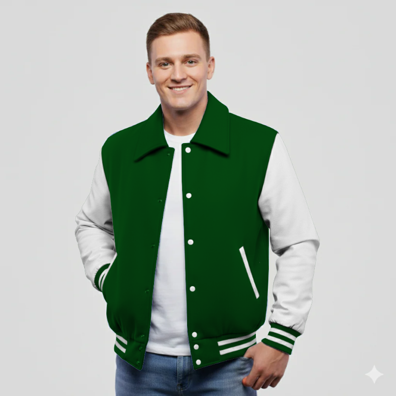Hunter Green Wool & White Leather Jacket