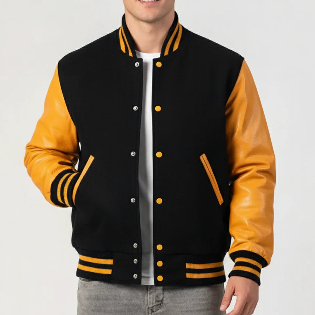 Black Wool & Bright Gold Leather Jacket