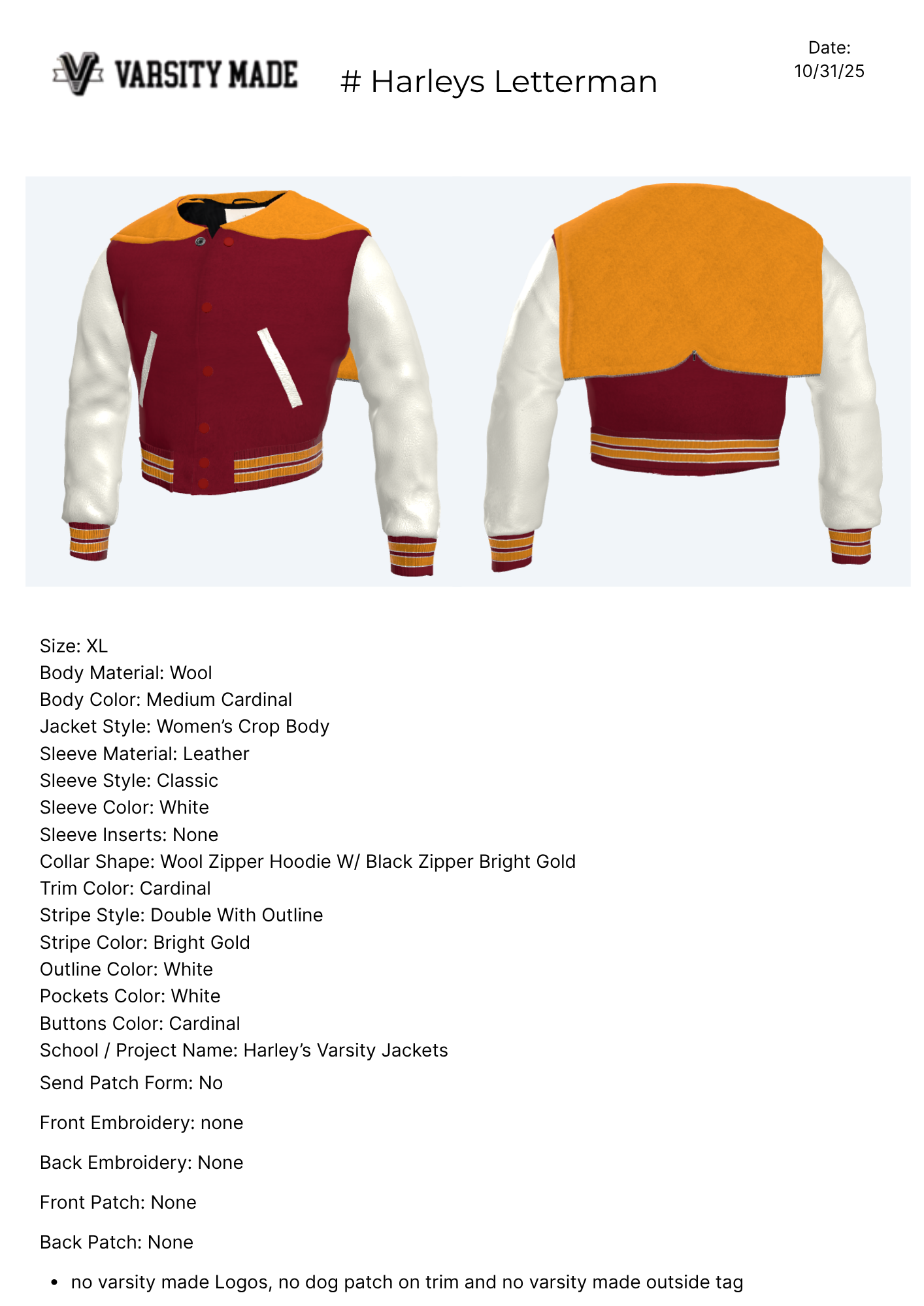 Harleys Letterman Crop Varsity Jacket