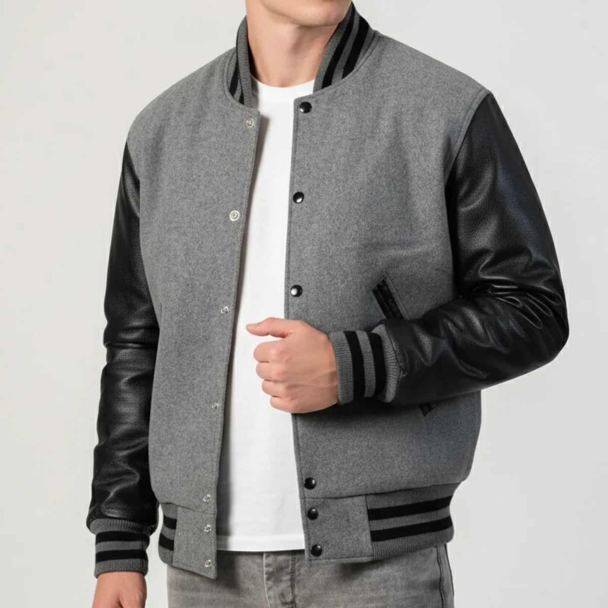 Light Oxford Wool & Black Leather Jacket