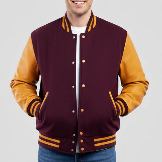 Maroon Wool & Bright Gold Leather Jacket
