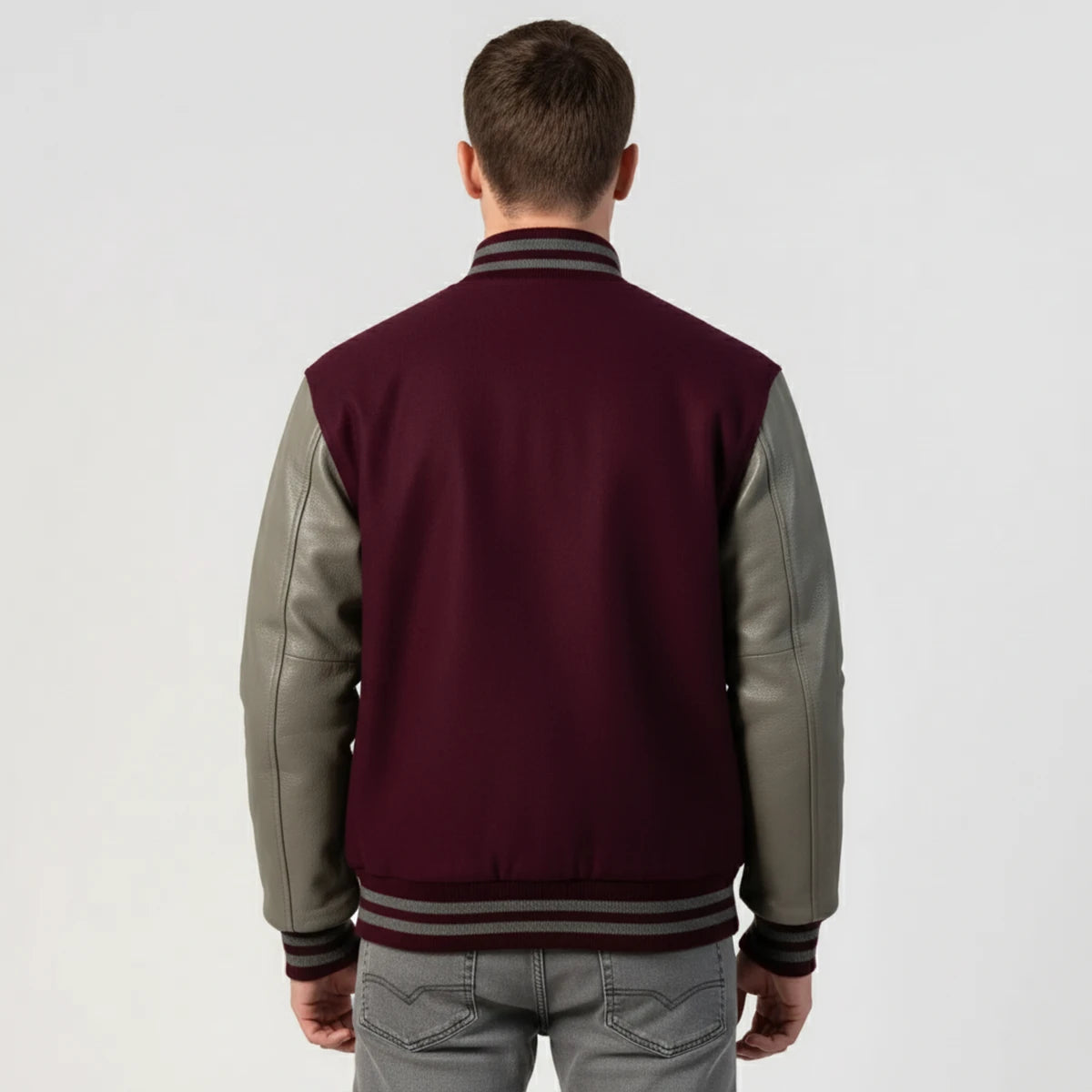 Maroon Wool & Grey Leather Jacket