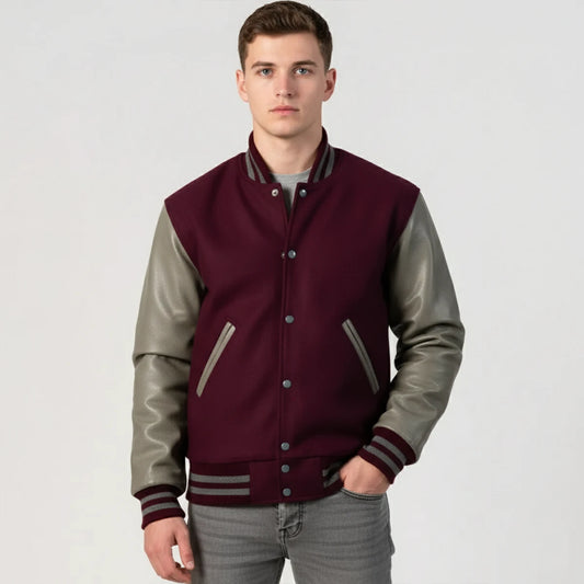 Maroon Wool & Grey Leather Jacket