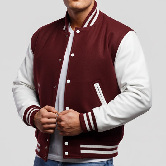 Maroon Wool & White Leather Jacket