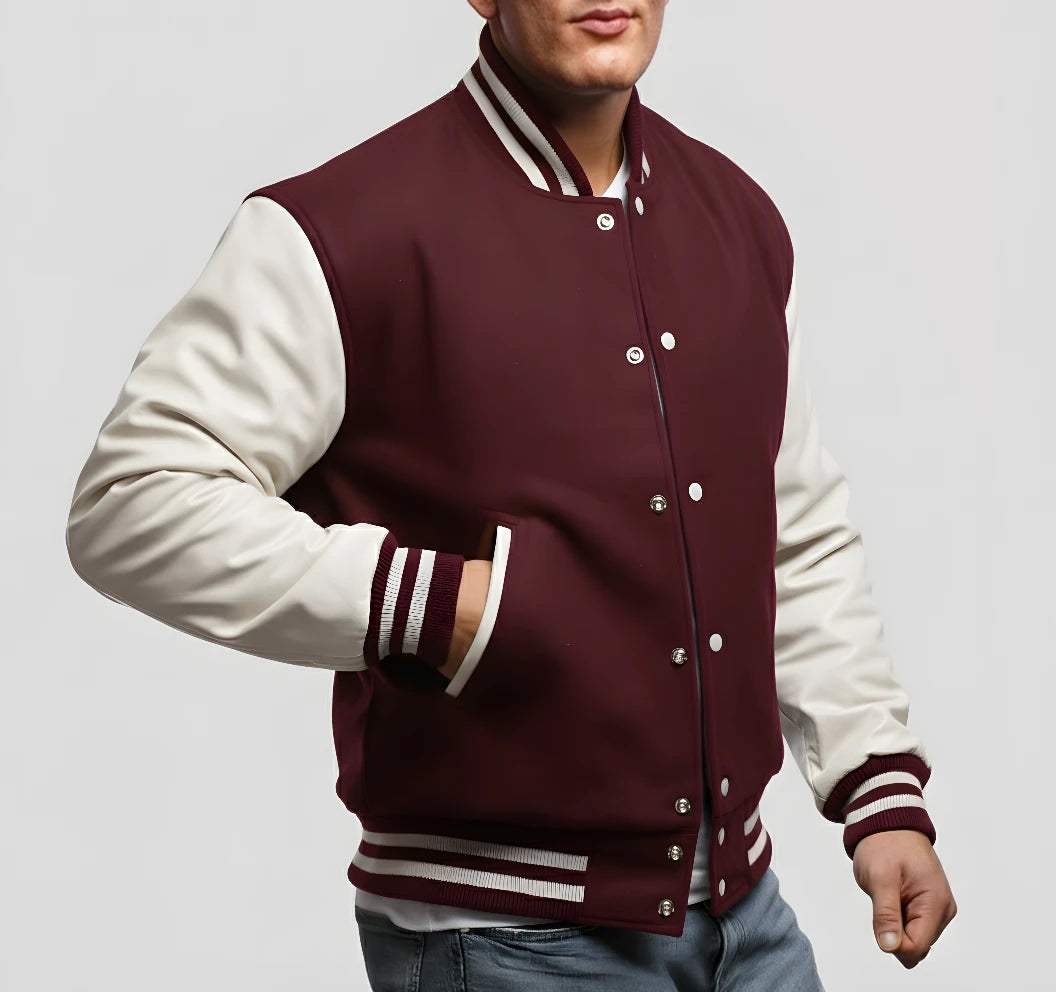 Maroon Wool & White Leather Jacket