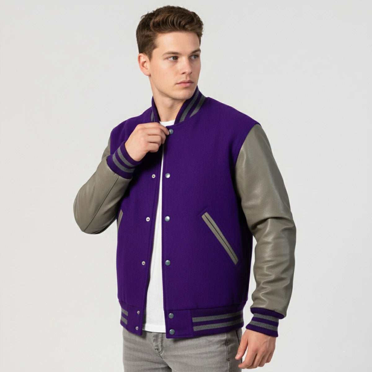 Purple Wool & Grey Leather Jacket