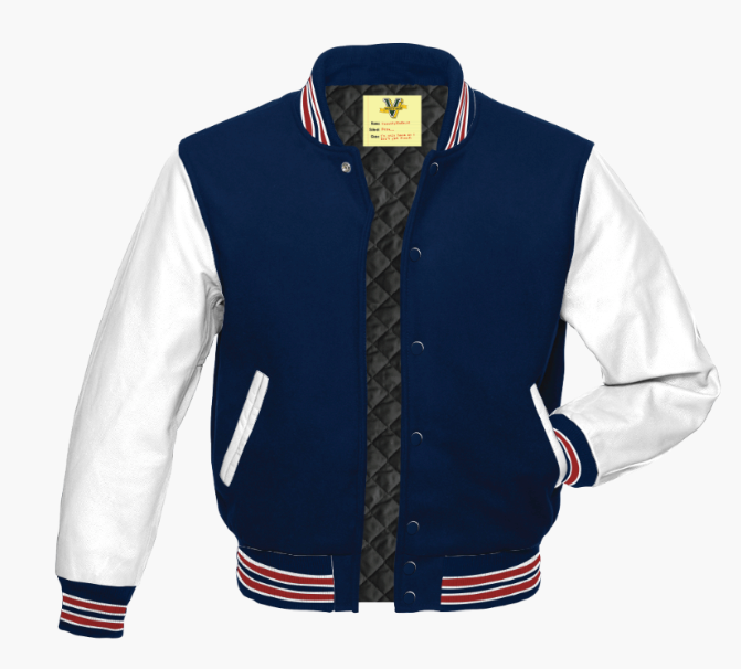 Navy blue and white letterman jacket sale