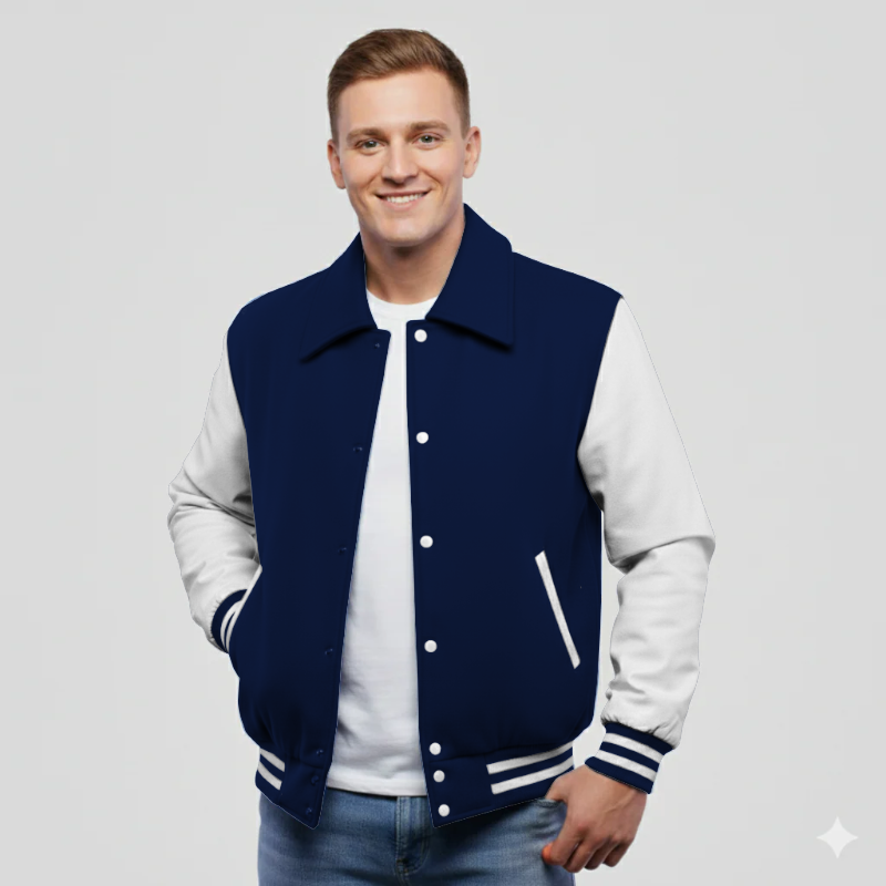 Dark Navy Wool & White Leather Jacket