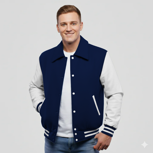 Dark Navy Wool & White Leather Jacket
