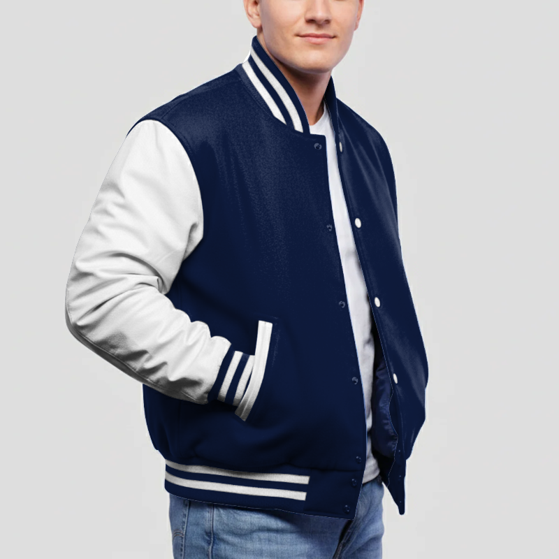 Dark Navy Wool & White Leather Jacket
