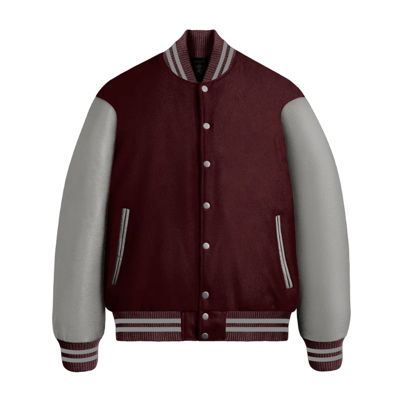 Maroon Wool & Grey Leather Jacket