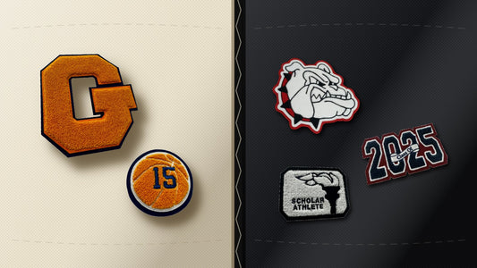A raised chenille varsity letter and basketball patch beside flat embroidered mascot, scholar athlete and class year patches