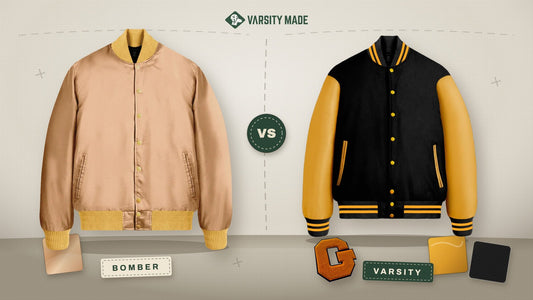 A tan nylon bomber jacket and a black wool varsity jacket with yellow leather sleeves shown side by side for comparison