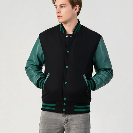 Black Wool & Teal Leather Jacket