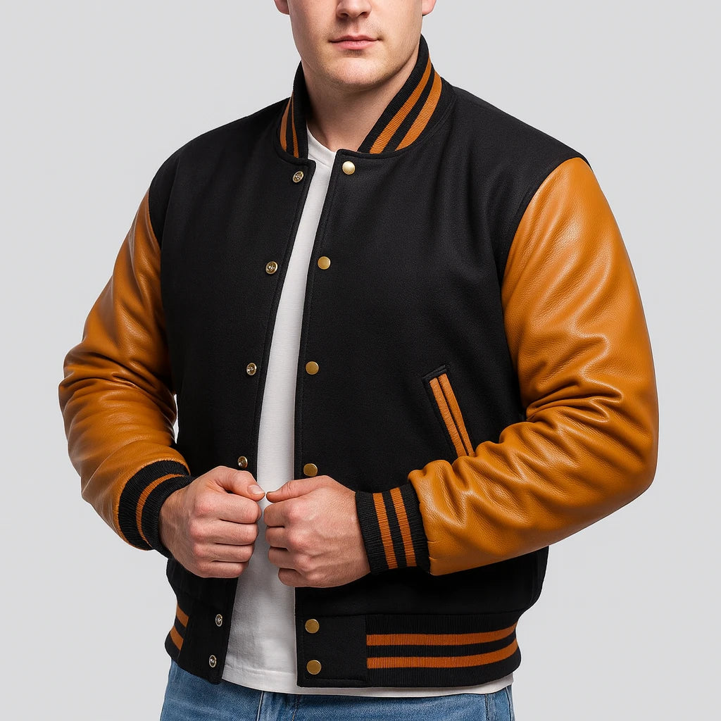 Black Wool & Old Gold Leather Jacket