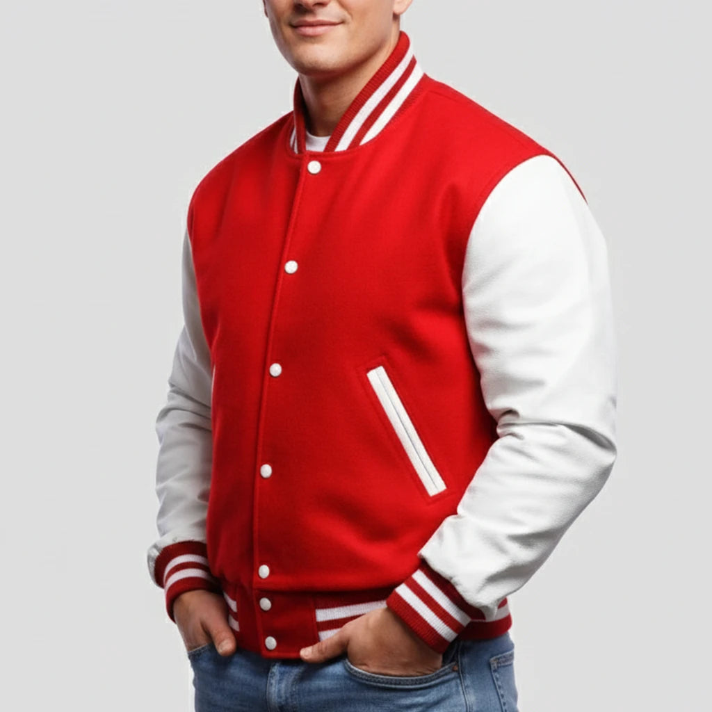 Bright Scarlet Wool & White Leather Jacket