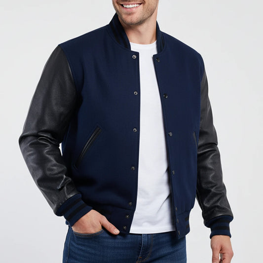 Dark Royal Wool & Black Leather Jacket