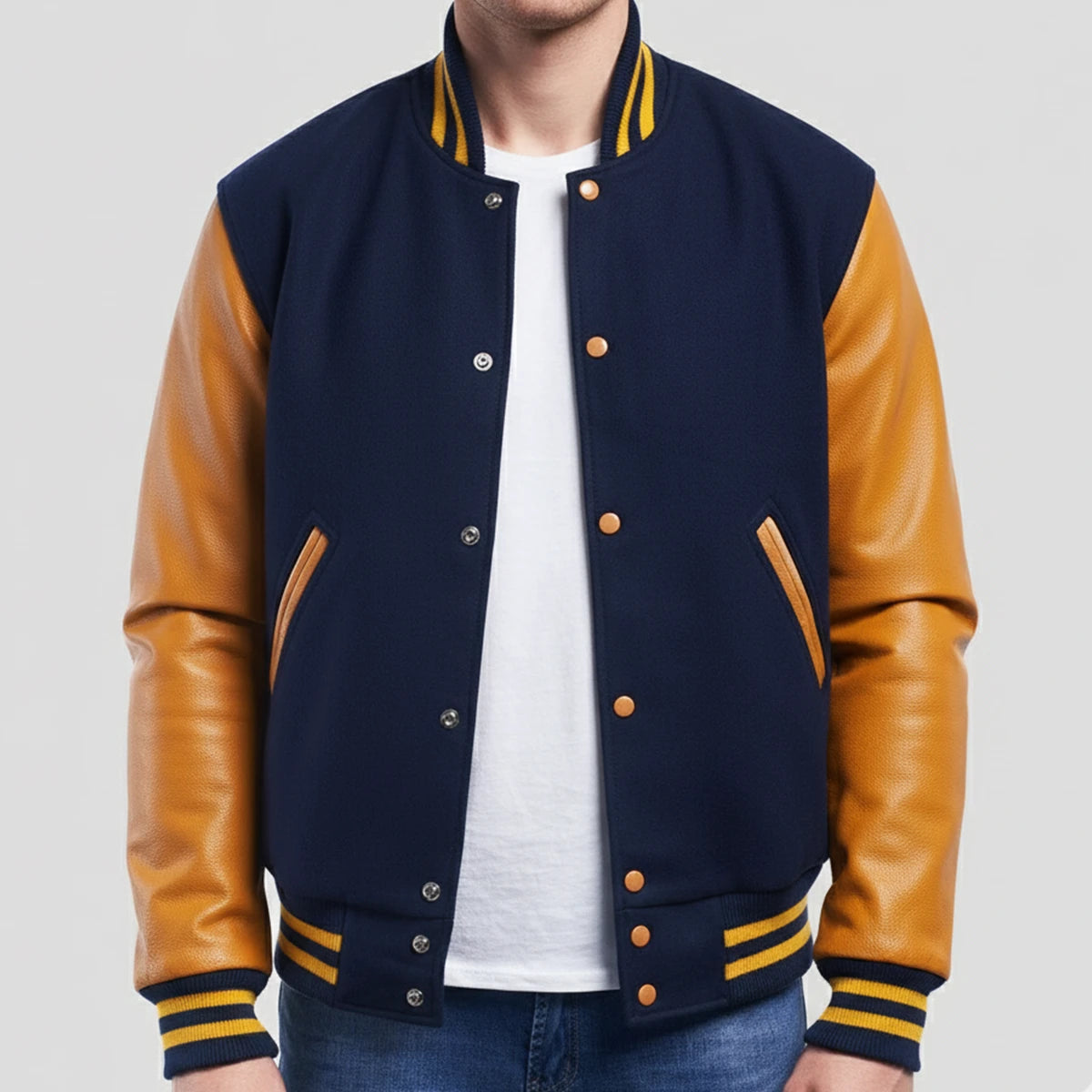 Dark Royal Wool & Gold Leather Jacket