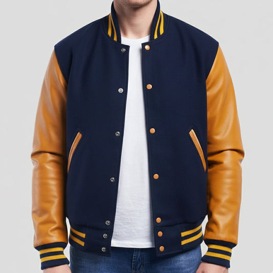 Dark Royal Wool & Gold Leather Jacket