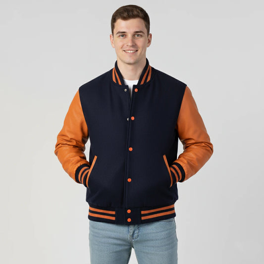 Dark Royal Wool & Orange Leather Jacket