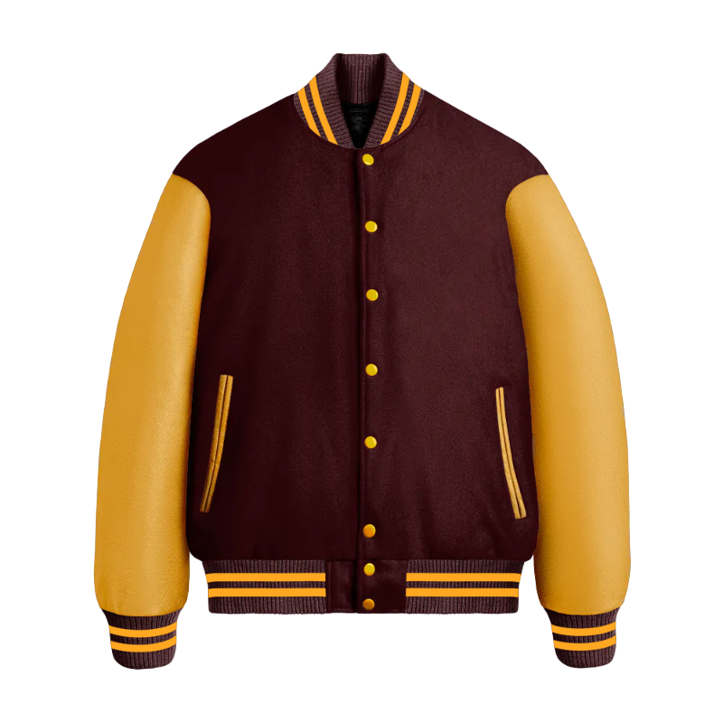 Maroon Wool & Bright Gold Leather Jacket