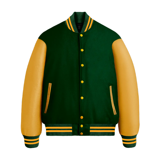 Hunter Green Wool & Gold Leather Jacket